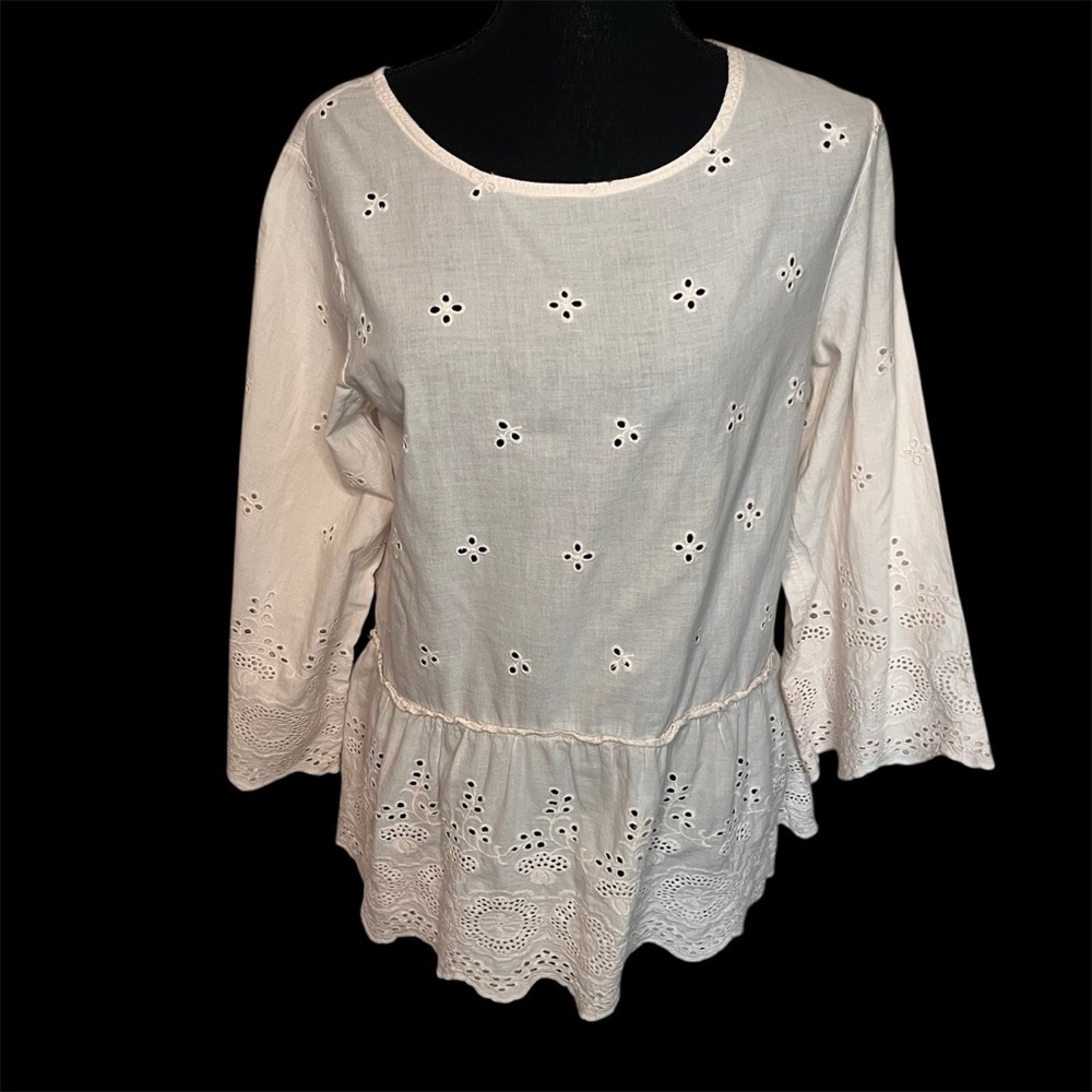 Valentina Naldi Italy Ivory Blush Eyelet Blouse Sz S Peplum Top Cottagecore Boho - Picture 2 of 9